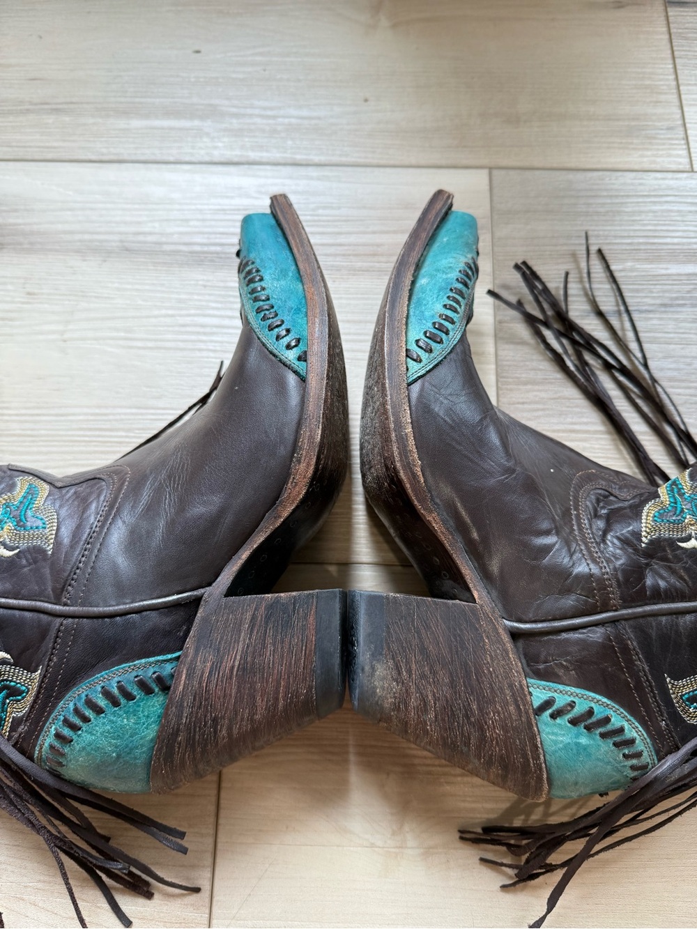 Lucchese Western Cowboy Boots Choc Brown Turquoise Crater Wingtip Fringe 6 B - Picture 13 of 14